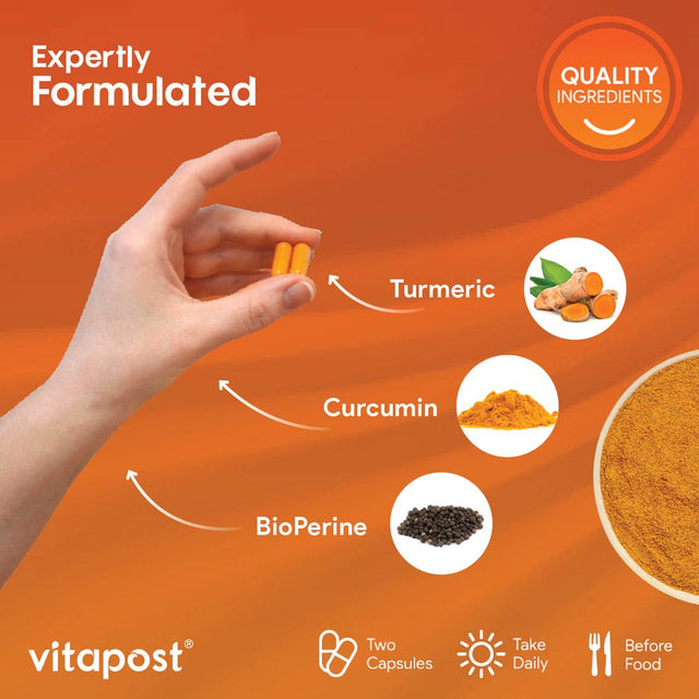 Vitapost Turmeric Curcumin plus Supplement for Joint, Muscle, Immune System Support - 180 Capsules