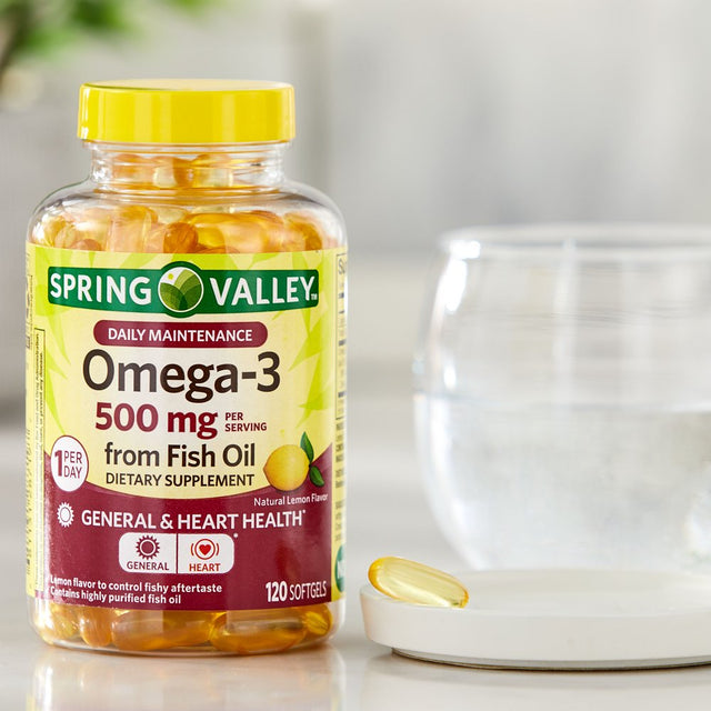 Spring Valley Omega-3 Fish Oil Softgels, Lemon, 500 Mg, 120 Count