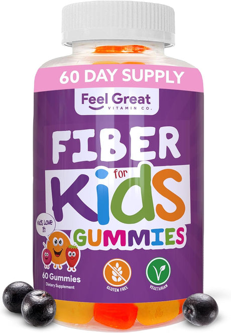 Feel Great Fiber Gummies for Kids Digestive Support | Constipation Relief for Kids | Fruity Flavored Chewable Kids Fiber Gummies | Vegetarian Supplements | 60 Day Supply