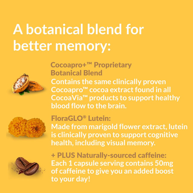 Cocoavia Memory & Focus Brain Supplement, 30 Day, Cocoa Flavanol Blend, Lutein, Added Caffeine for Boost. Improve Cognitive Function, Attention, Vegan & Plant Based, 30 Capsules