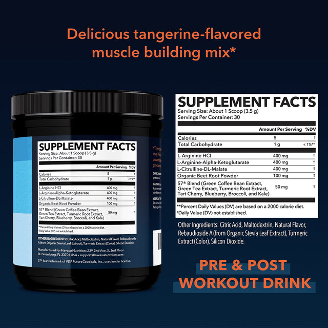 Havasu L-Arginine Powder - Pre-Workout Supplement, Tangerine 3.7Oz