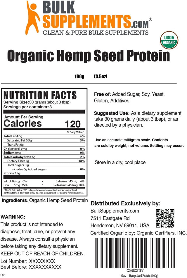 BULKSUPPLEMENTS.COM Organic Hemp Seed Powder - Vegan Protein Powder - Unsweetened Protein Powder - Superfood Protein Powder (100 Grams - 3.5 Oz)