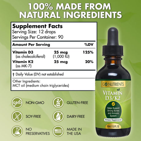 Go Nutrients Vitamin D3 & K2 Liquid Drops, 1000 IU, 1 Oz