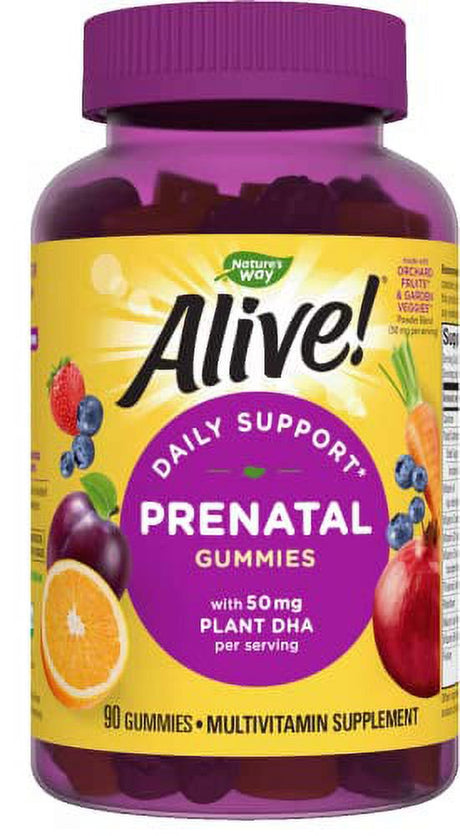 Natureâ€™S Way Alive! Daily Support Prenatal Gummies, 50Mg Plant-Based DHA per Serving, Vegetarian, 90 Gummies, Orange and Raspberry Lemonade Flavored