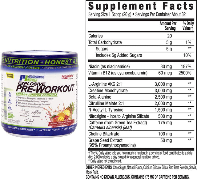 PERFORMANCE INSPIRED Nutrition Pre-Workout Powder - Contains Citrulline - Nitrosigine - Green Tea - All Natural - 1.49 Lb - Tropical Fruit Punch