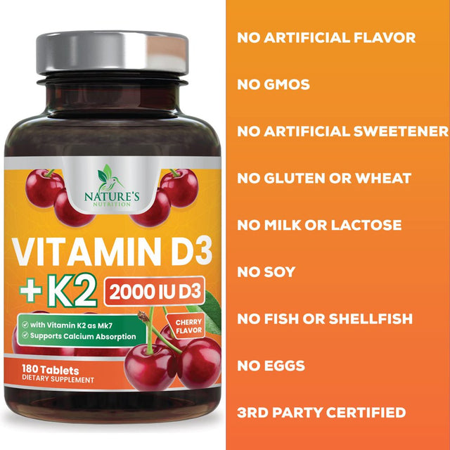 Vitamin D3 K2 as MK-7 with 2000Iu of D3 & 75Mcg K2, Vitamin K2 D3 Bone Strength Supplements Support Calcium Absorbtion for Teeth & Bone Health + Muscle & Immune Health Support - 180 Chewable Tablets