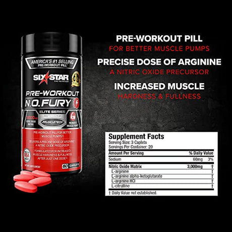 Nitric Oxide Supplement | Six Star Nitric Oxide Fury Pre-Workout | Pre Workout Nitric Oxide Pills for Men & Women | Sports Nutrition Pre-Workout Products | Nitric Oxide Pre Workout Pills, 60 Count