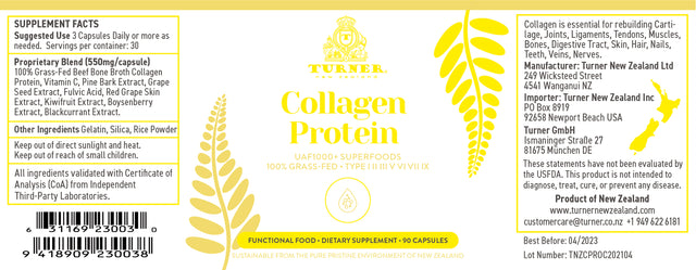 TURNER New Zealand Grass-Fed Collagen Protein Supplement for Skin, Hair & Nail, 90 Capsules