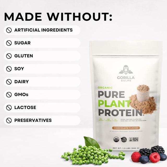 100% Organic Pure Plant Protein Powder | USDA Certified | Organic Protein Powder | Vegan | Non-Gmo | Sugar, Soy, Dairy, & Gluten Free | 20 Servings - Chocolate