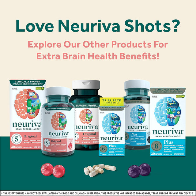 NEURIVA Brain + Energy Shots, Nootropic Brain Supplement for Focus & Concentration with Neurofactor, Vitamin B12 & 150Mg Caffeine for an Energy Boost - (12 Count), Strawberry Lemonade