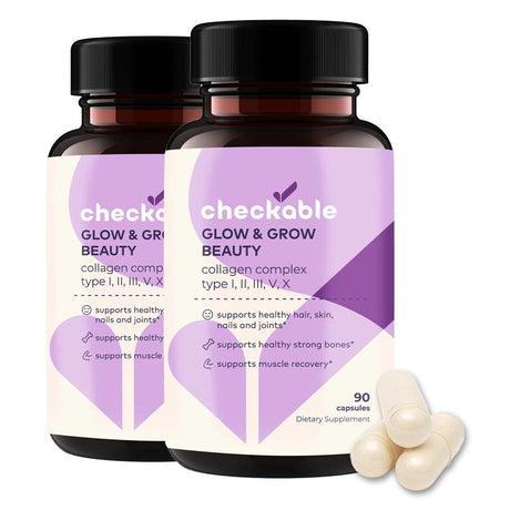 Checkable® Collagen Complex Supplements - Hair, Skin, Nails, Joints, Bones, and Muscle Support - with Natural Collagen Type I, II, III, V, and X (1500 Mg) - 180 Capsules