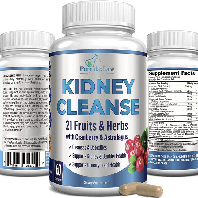 Herbal Kidney Cleanse with Cranberry Extract, Astralagus - 21 Fruits & Herbs - Detox & Cleanse Urinary Tract & Bladder Health, Kidney Support, 60 Vegan Capsules