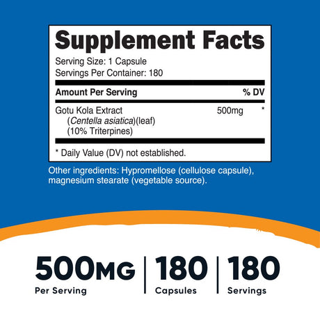 Nutricost Gotu Kola 500 Mg, 180 Capsules - Gluten Free, Non-Gmo Supplement