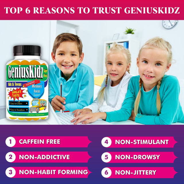 Geniuskidz Brain Focus Supplement Kids Focus and Attention Supplements Brain Booster Vitamins for Kids,Omega 3 Gummies for Kids & Teens- 60Ct