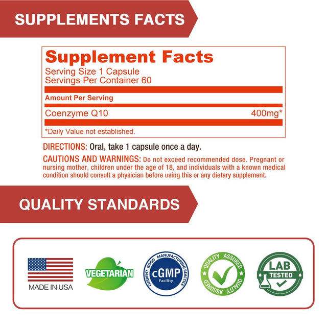 Lovita Coq10 400Mg Supplements from High Absorption Vegan Coenzyme Q10 Powder, Extra Antioxidant Co Q10 Enzyme for Blood Pressure Support & Heart Health, Vegan Friendly, 60 Capsules