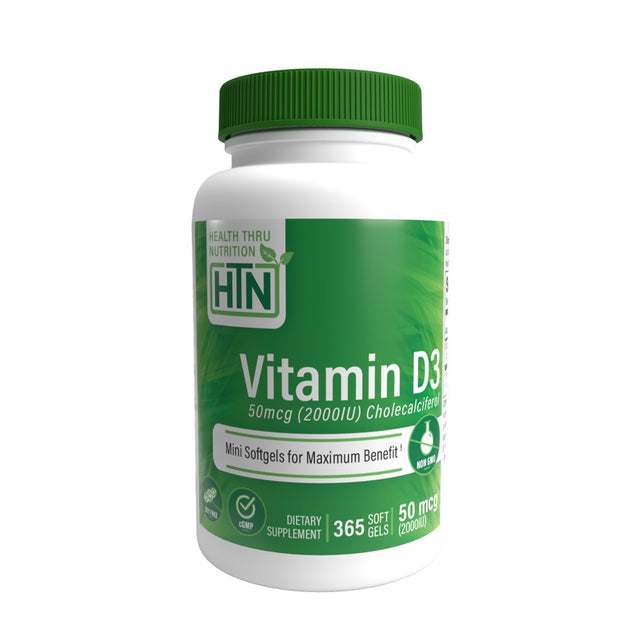 Vitamin D3 2,000Iu (NON-GMO) 365 Softgels in Organic Extra Virgin Olive Oil by Health Thru Nutrition