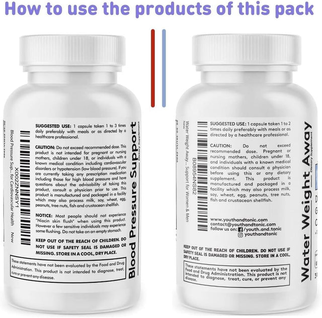 Youth & Tonic Daily Water Weight Away Pills and Blood Pressure Support Supplements/Natural Diuretics for Water Retention & BP Capsules to Maintain a Good Health / 30 + 30 CPS for Women & Men