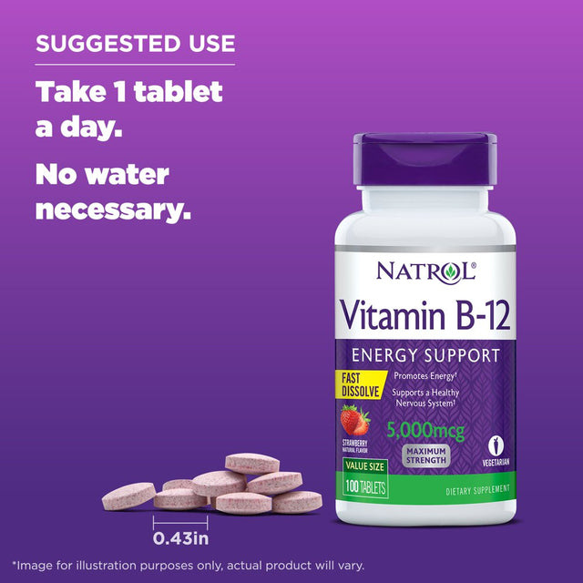 Natrol Vitamin B12 Fast Dissolve Tablets, Dietary Supplement, 5000 Mcg, 100 Count