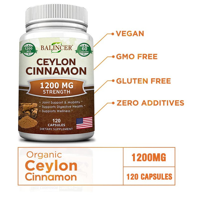 Balincer Natural Ceylon Cinnamon 1200Mg - 60/120 Capsules, True Cinnamon from Sri Lanka, Extract Supplement Pills Promotes Heart Health-120Capsules