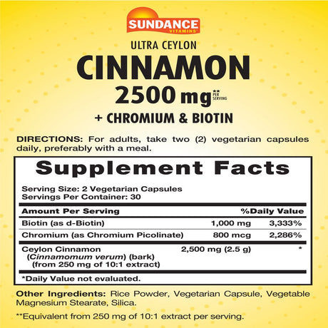 Ultra Ceylon Cinnamon 2500Mg | 60 Capsules | with Chromium and Biotin | Vegetarian, Non-Gmo, and Gluten Free Supplement | by Sundance