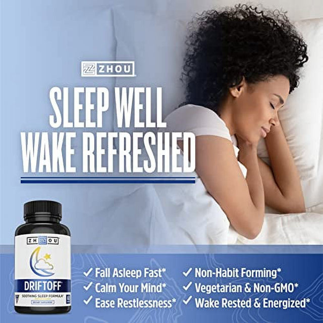 Zhou Drift off Premium Sleep Aid with Valerian Root, Melatonin, GABA & Tryptophan | Sleep Well, Wake Refreshed | 30 Servings, 60 Veggie Caps