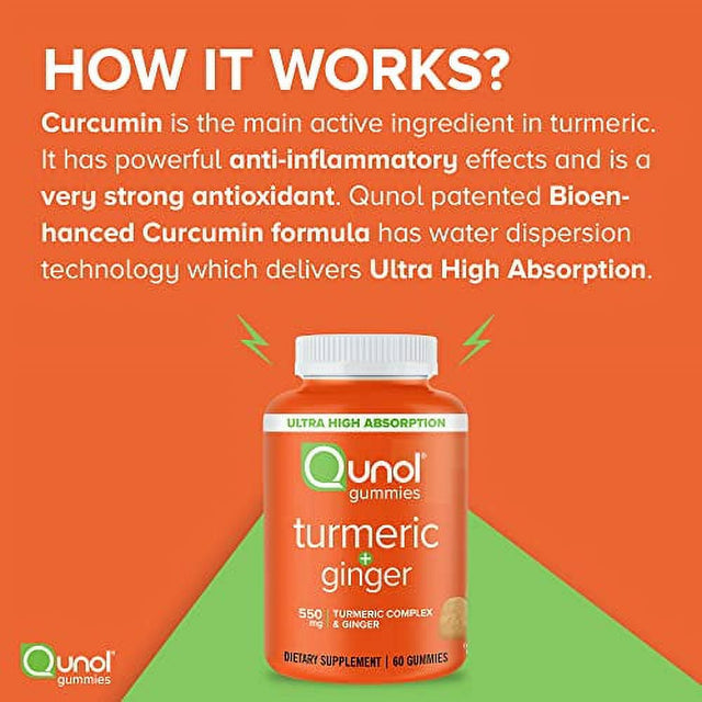 Qunol Turmeric and Ginger Gummies, Gummy with 500Mg Turmeric + 50Mg Ginger, Joint Support Supplement, Ultra High Absorption, Vegan, Gluten Free, 1 Month Supply 60Ct