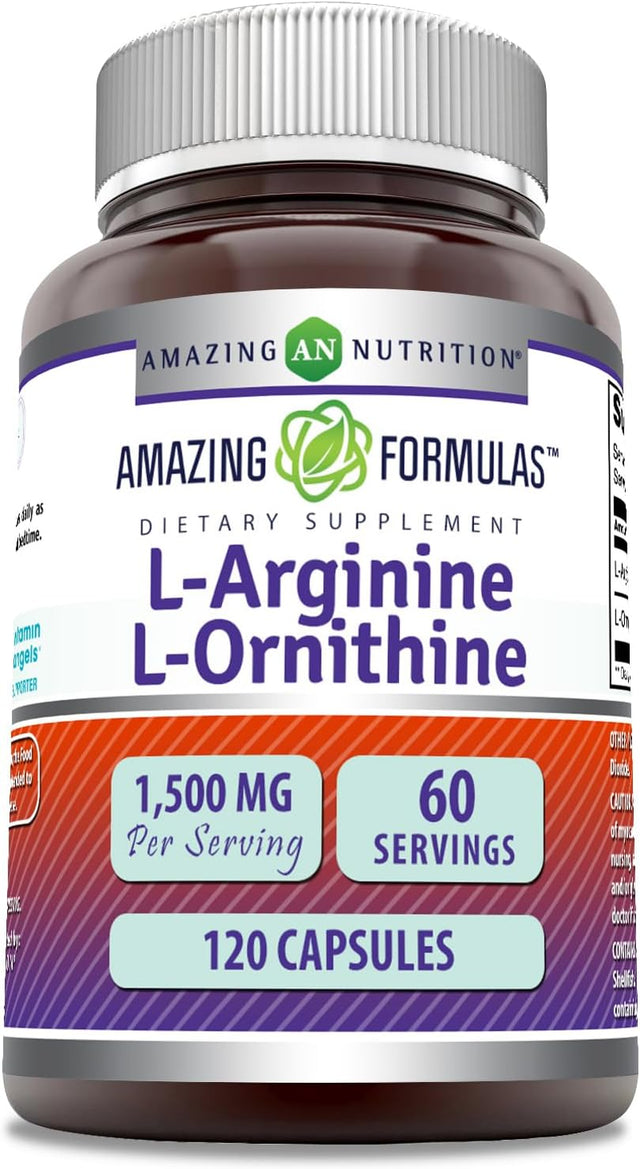 Amazing Formulas L-Arginine/L-Ornithine 1500 Mg per Serving, Capsules | Non-Gmo | Gluten Free | Amino Acid Supplement (120 Count)