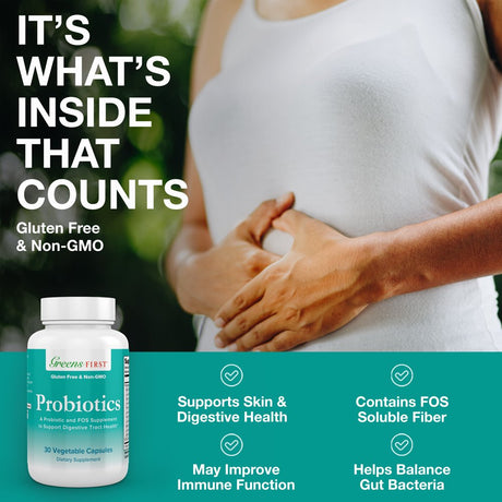 Greens First Probiotics - 20 Billion CFU of Beneficial Bacteria - FOS Soluble Fiber - Supports Gut, Digestive Health, and Skin Appearance - 30 Servings/Capsules