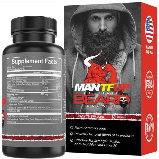 Mantfup Ultimate Beard Growth - Grow Facial Hair Stronger, Faster and Healthier, Vitamin A, Vitamin C, Vitamin E, D-Biotin, Zinc, 60Ct