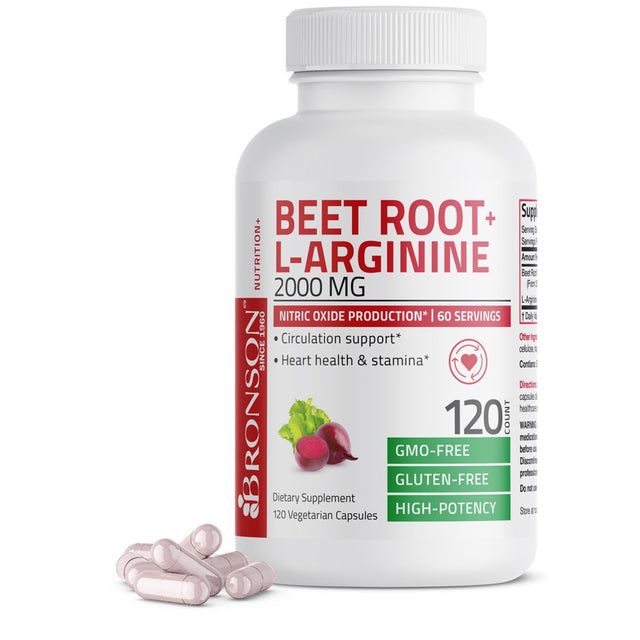 Bronson Beet Root + L-Arginine 2000 MG Nitric Oxide Production- Non-Gmo, 120 Vegetarian Capsules