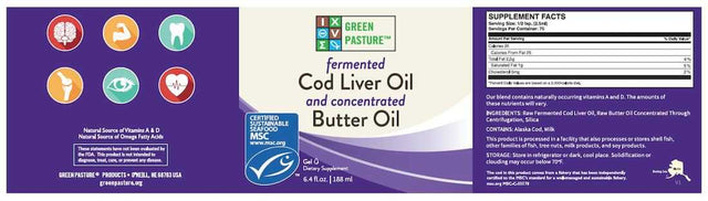 Green Pasture Fermented Cod Liver Oil and Concentrated Butter Oil Gel, 6.4 Oz/188Ml - Unflavored