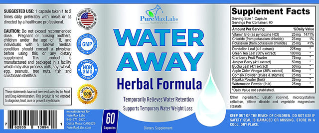 Water Away Gentle Herbal Diuretic - Natural Diuretic Water Pills - Relieve Bloating, Reduce Excess Water Weight with Dandelion Leaf, Green Tea, Detox Cleanse & Urinary Health. Non-Gmo, 60 Capsules