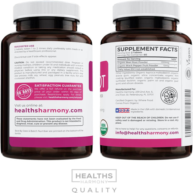 Healths Harmony Organic Beet Root Powder (120 Tablets) 1350Mg Beets per Serving with Black Pepper for Extra Absorption - Nitrate Supplement for Circulation, Heart Health - No Capsules