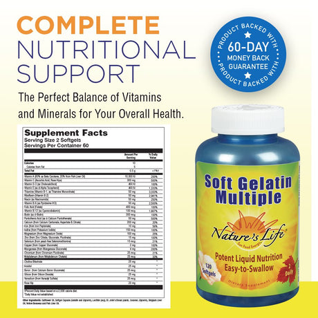 Nature'S Life Soft Gelatin Multiple | Complete Daily Multivitamin & Mineral Supplement with Iron | 120 Easy-To-Swallow Softgels | 2-Month Supply