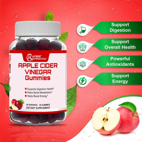 Hybrid Nutraceuticals Apple Cider Vinegar Gummies - Helps Detox & Cleanse, Boost Metabolism - Vitamins B-9, B-12, Pomegranate, Beet Root Juice - Good Keto ACV Gummies - 60 Gummies