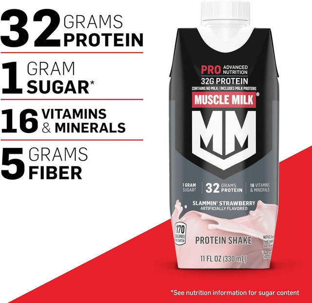 Muscle Milk Pro Advanced Nutrition Protein Shake, Slammin' Strawberry, 11 Fl Oz Carton, 12 Pack, 32G Protein, 1G Sugar, 16 Vitamins & Minerals, 5G Fiber, Workout Recovery, Bottle, Packaging May Vary