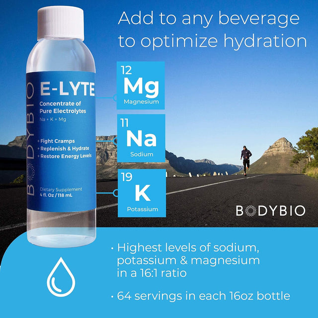 Bodybio Electrolytes for Hydration - 4 Oz Concentrate | No Sugar | No Calories | Keto Electrolytes | Dehydration Recovery W. Magnesium + Potassium + Sodium | Relieves Cramps | Elyte