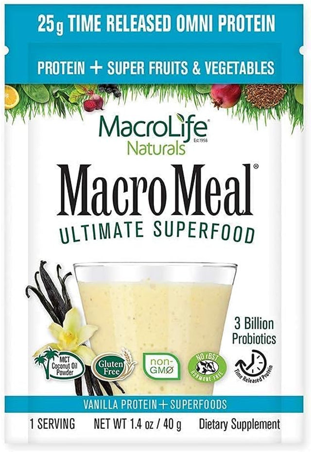 Macromeal Omni Superfood Powder On-The-Go Bundle - Time-Release Protein Blend, Greens, Digestive Enzymes, Fiber, Energy Boost, Vanilla 18.5Oz Tub (15 Servings) +10 Packet Servings