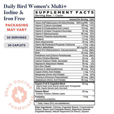 Best Nest Wellness Daily Bird Women'S Multi+ Iodine & Iron Free Vitamins, Vegan Multivitamins, Immune Support, 30 Ct