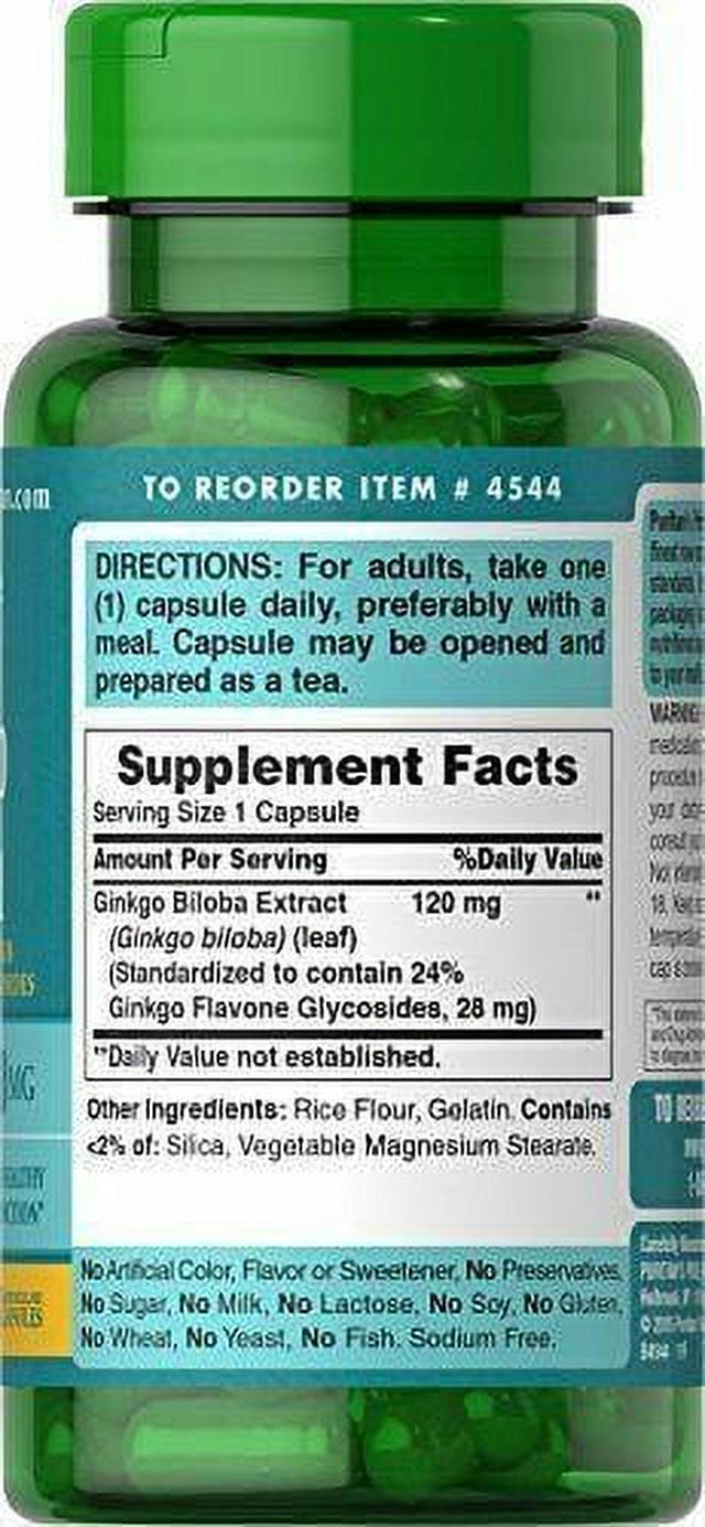 Ginkgo Biloba Standardized Extract 120 Mg - 100 Capsules Supports Brain Health