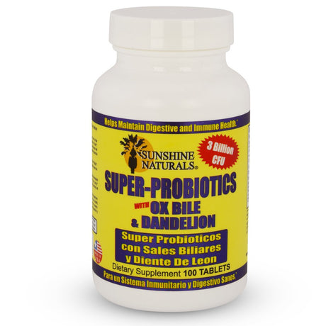 Sunshine Naturals Super Probiotics for Women and Men with Ox Bile & Dandelion, Digestive Enzymes Dietary Supplement - 100 Tablets