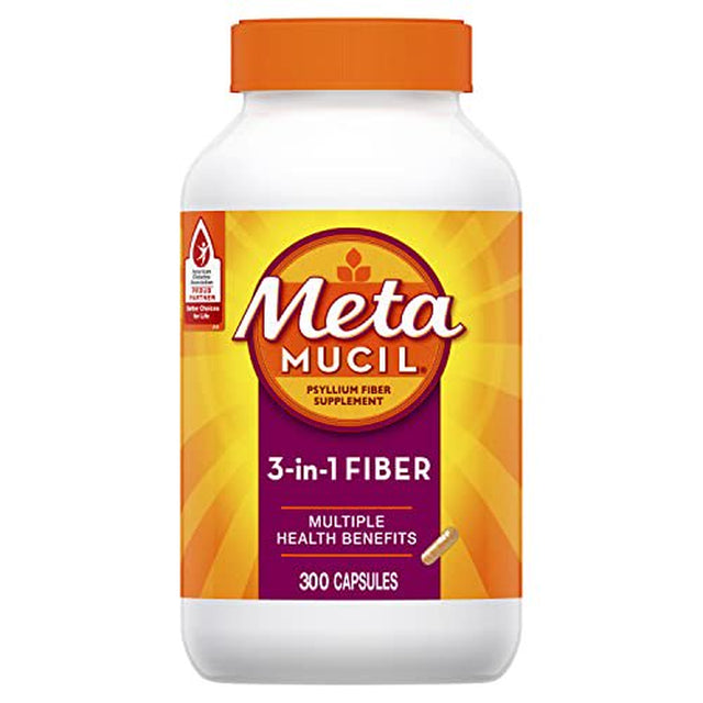 Metamucil, Daily Psyllium Husk Powder Supplement, 3-In-1 Fiber for Digestive Health, Plant Based Fiber, 300Ct Capsules