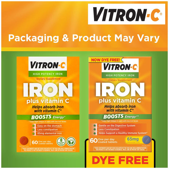 Vitron-C Iron Supplement, Once Daily, High Potency Iron plus Vitamin C, Dye Free Tablets, 60 Count