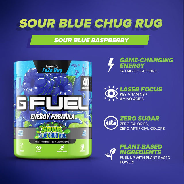 Faze Rug Energy Powder, Sugar Free, Clean Caffeine Focus Supplement, Water Mix, Sour Blue Raspberry Flavor, with Focus Amino, Vitamin + Antioxidants Blend - 10.44 Oz (40 Servings)