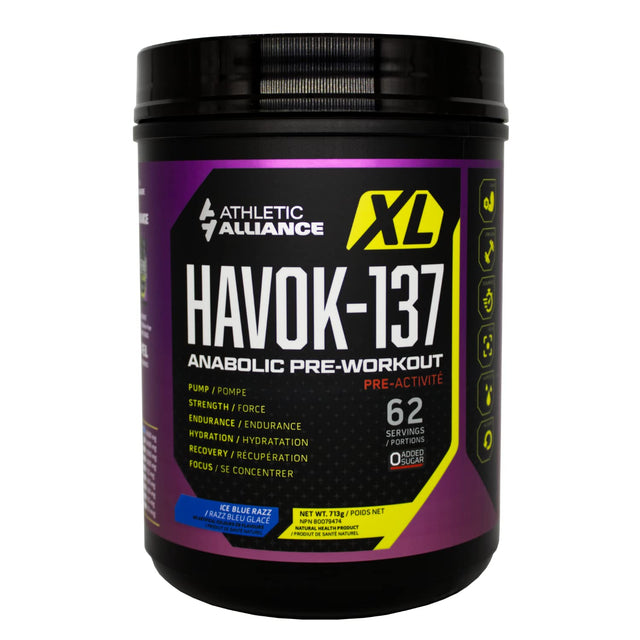 Athletic Alliance HAVOK-137 Pre Workout, Strength, Endurance, Energy and Recovery Preworkout Formula with Caffeine, Nootropic Support, Bcaa’S, Creatine and Dye-Free, 60 Servings (ICY Blue Razz)