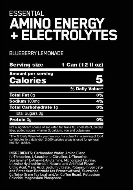 Optimum Nutrition Amino Energy Sparkling Hydration Drink, Electrolytes, Caffeine, Amino Acids, Bcaas, Sugar Free, Blueberry Lemonade, 12 Fl Oz, 1 Count (Packaging May Vary)