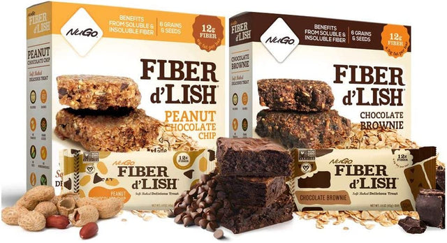 Nugo Fiber D'Lish Variety Chocolate Brownie & Peanut Chocolate Chip, 12G High Fiber, Vegan, 5 Bars Each, 10 Count