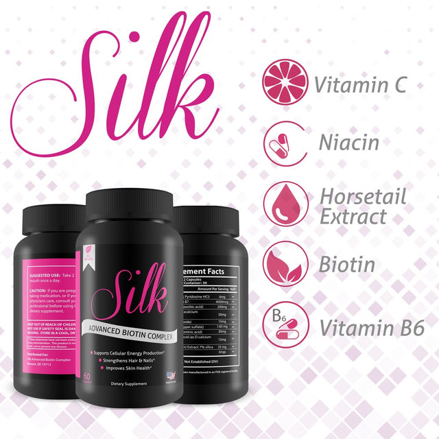 Silk Advanced Biotin Complex - Promotes Stronger, Longer Hair - Healthier Skin - Ultimate Nail Strength - 60 Capsules