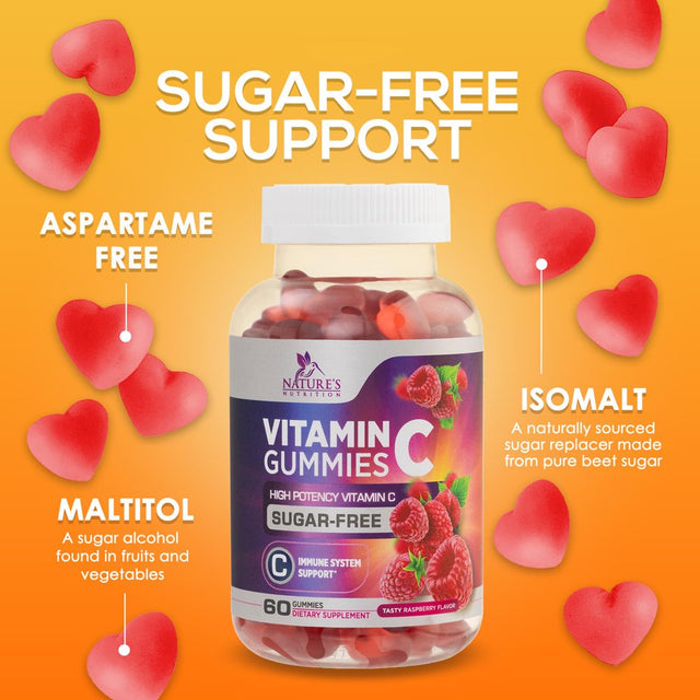 Sugar Free Vitamin C Gummies - Immune Support & Antioxidant Vitamin Dietary Supplement - Vegan, Non-Gmo, Dairy & Gluten Free C Gummy Vitamins - Raspberry Flavor for Kids & Adults - 60 Count Gummies