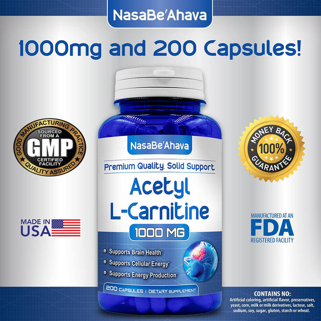 Acetyl L-Carnitine 1000Mg Max Strength - 200 Veggie Capsules - High Dosage Acetyl L Carnitine